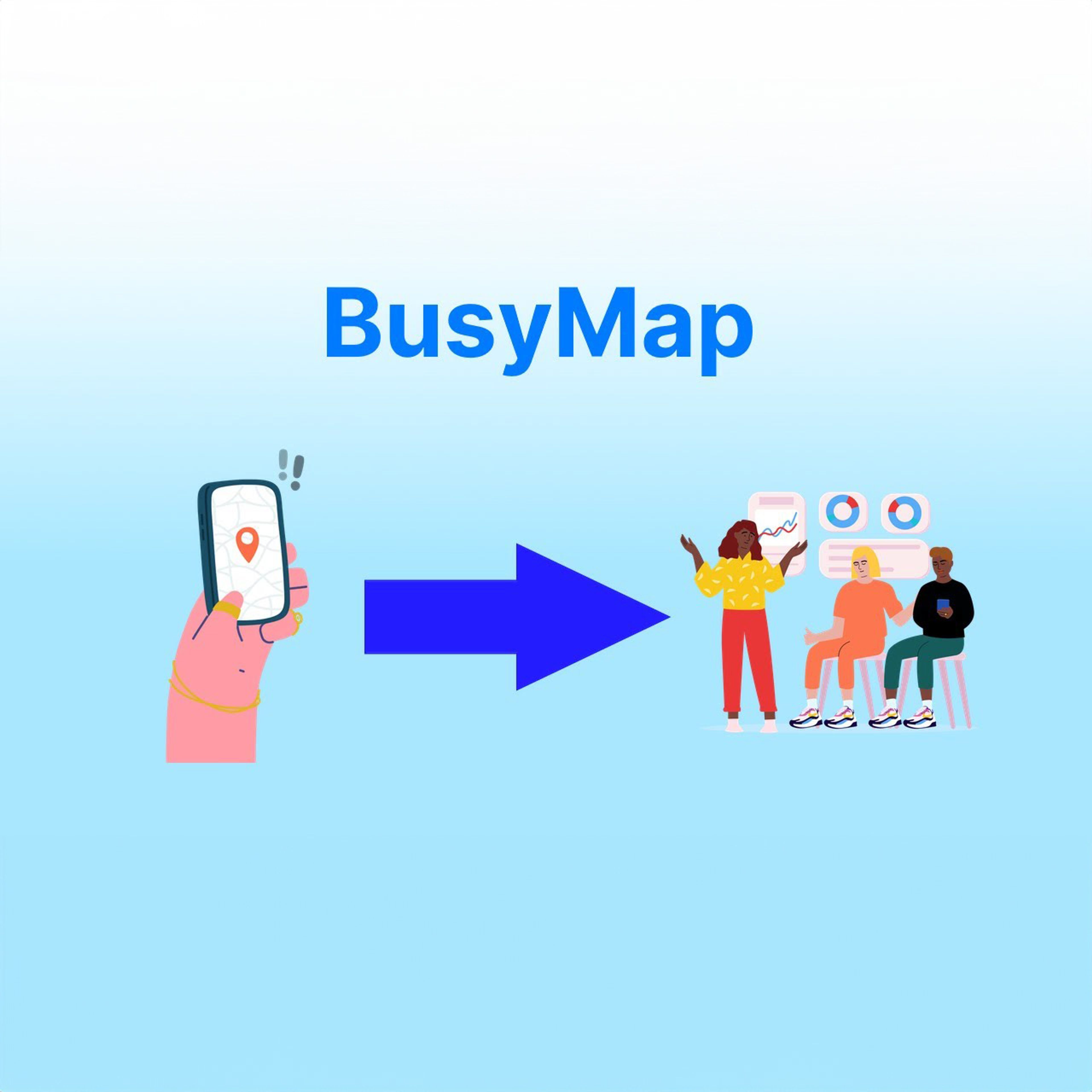 The BusyMap logo, showing an arrow from a smartphone to a group of students interacting. On the left, a hand holds a smartphone with a map pin and notification icon. To the right, a large blue arrow points towards three stylized students engaged in conversation. Above, the title "BusyMap" is prominently displayed in bold lettering. The background is a light blue gradient.