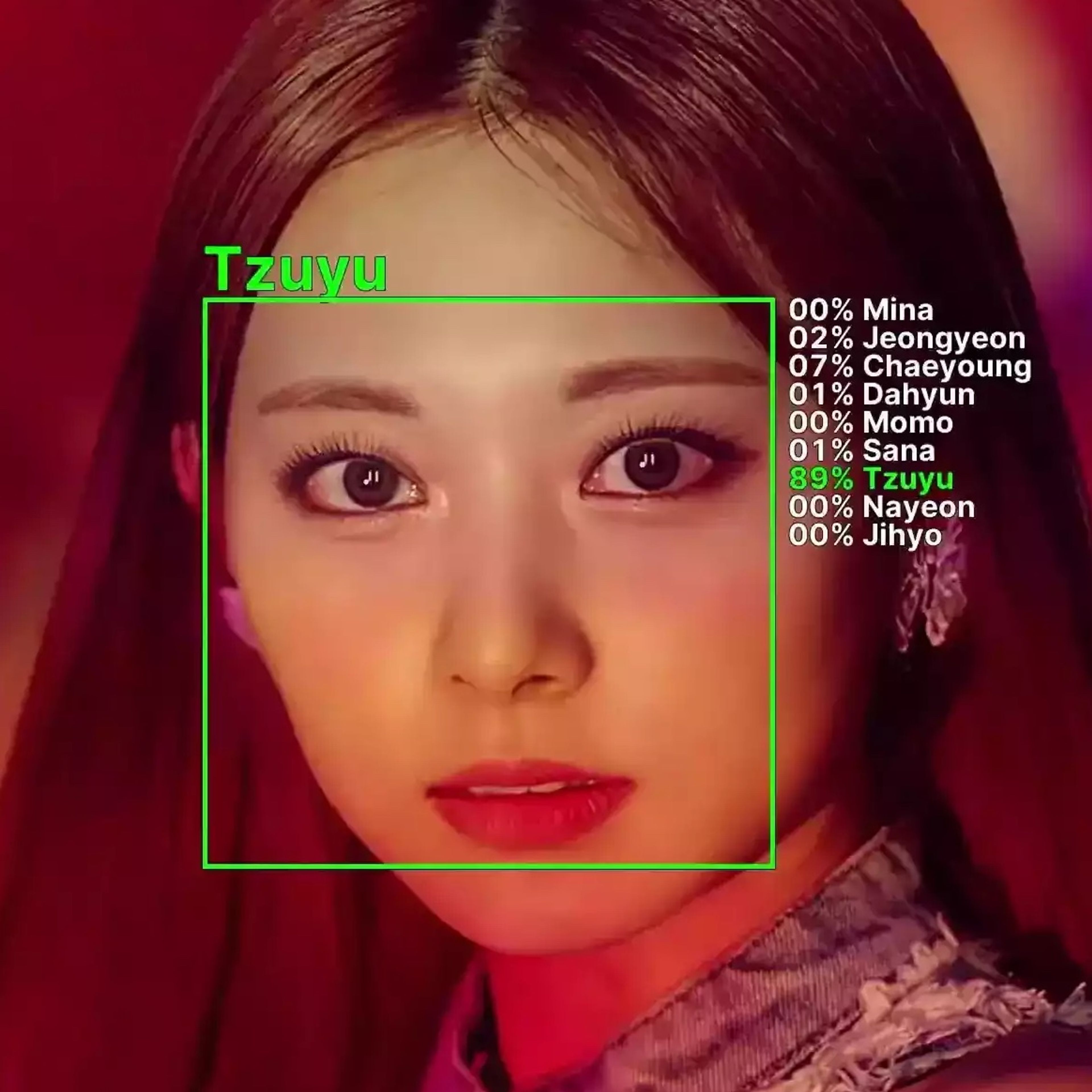 A picture of Tzuyu from TWICE. There is a green rectangle around her face, with text above it saying "Tzuyu". There is also more text to the right of her face. It is the list of confidences for each person in the model. Mina has a 0% confidence. Jeongyeon has a 2% confidence. Chaeyoung has a 7% confidence. Dahyun has a 1% confidence. Momo has a 0% confidence. Sana has a 1% confidence. Tzuyu has a 89% confidence. Nayeon has a 0% confidence. Jihyo has a 0% confidence.