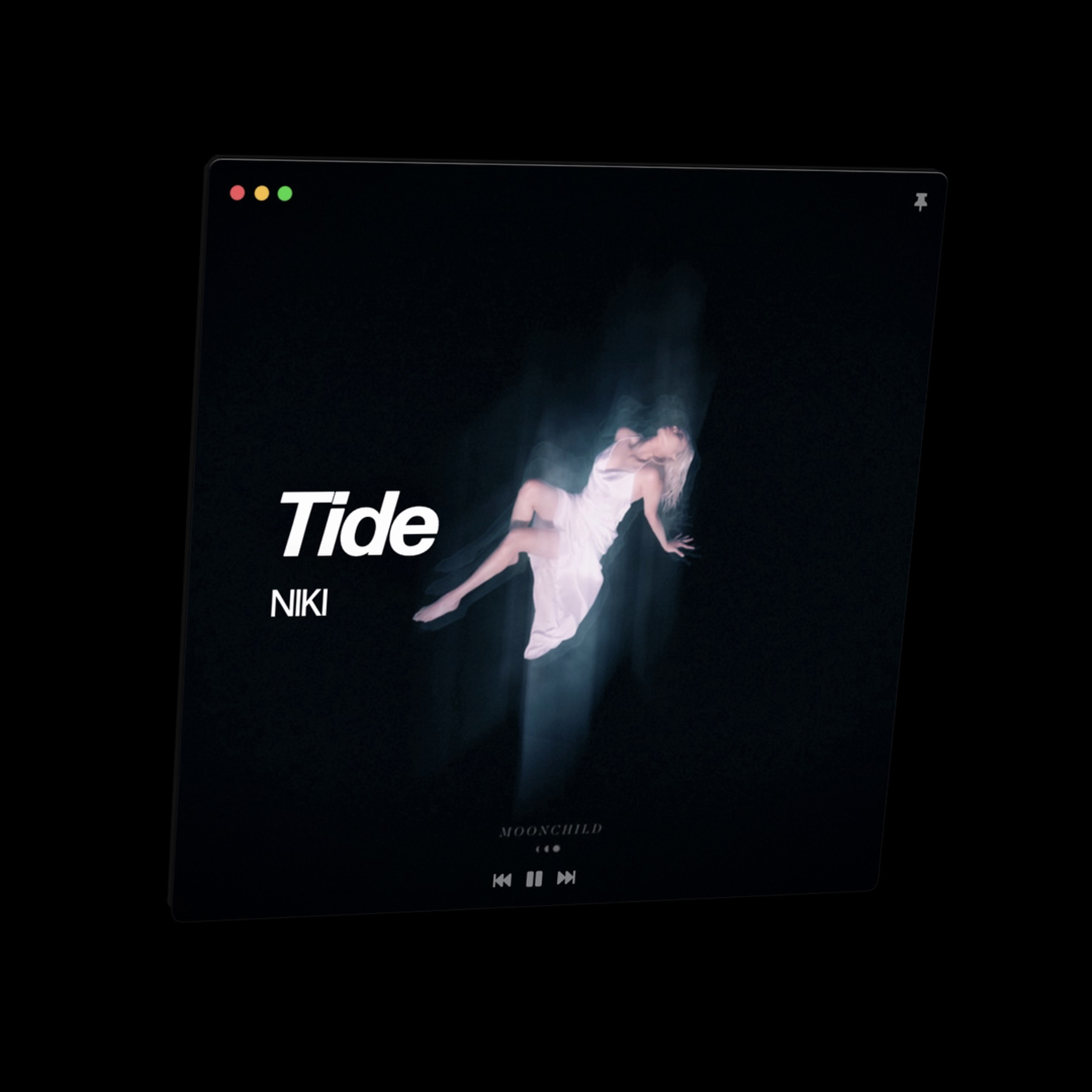 A 3D render of the Gemini app window. The album art of NIKI's "Moonchild" album is shown filling the whole window's background. The album art depicts an ethereal scene with NIKI floating in a dark space. NIKI is dressed in a flowing white garment that gives the impression of lightness and movement, as if she is suspended in air or underwater. The surrounding darkness contrasts sharply with the brightness of the person's attire and skin, drawing focus to NIKI. The text "MOONCHILD" is written at the bottom of the album art. There is a backward, forward, and play/pause button at the bottom of the window. In the center left, there is bold text that reads "Tide", and under that text is smaller text that reads "NIKI".
